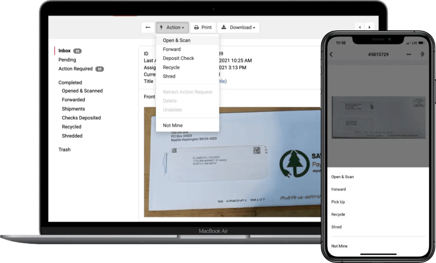 Anytime Mailbox promotional screenshot showing desktop mailbox controls and the mobile app action menu