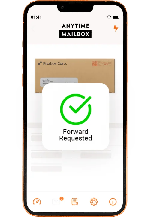 Anytime Mailbox mobile app screenshot showing a mail forwarding request confirmation