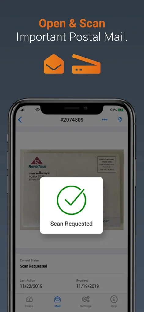 Anytime Mailbox mobile app screenshot showing a scan request confirmation