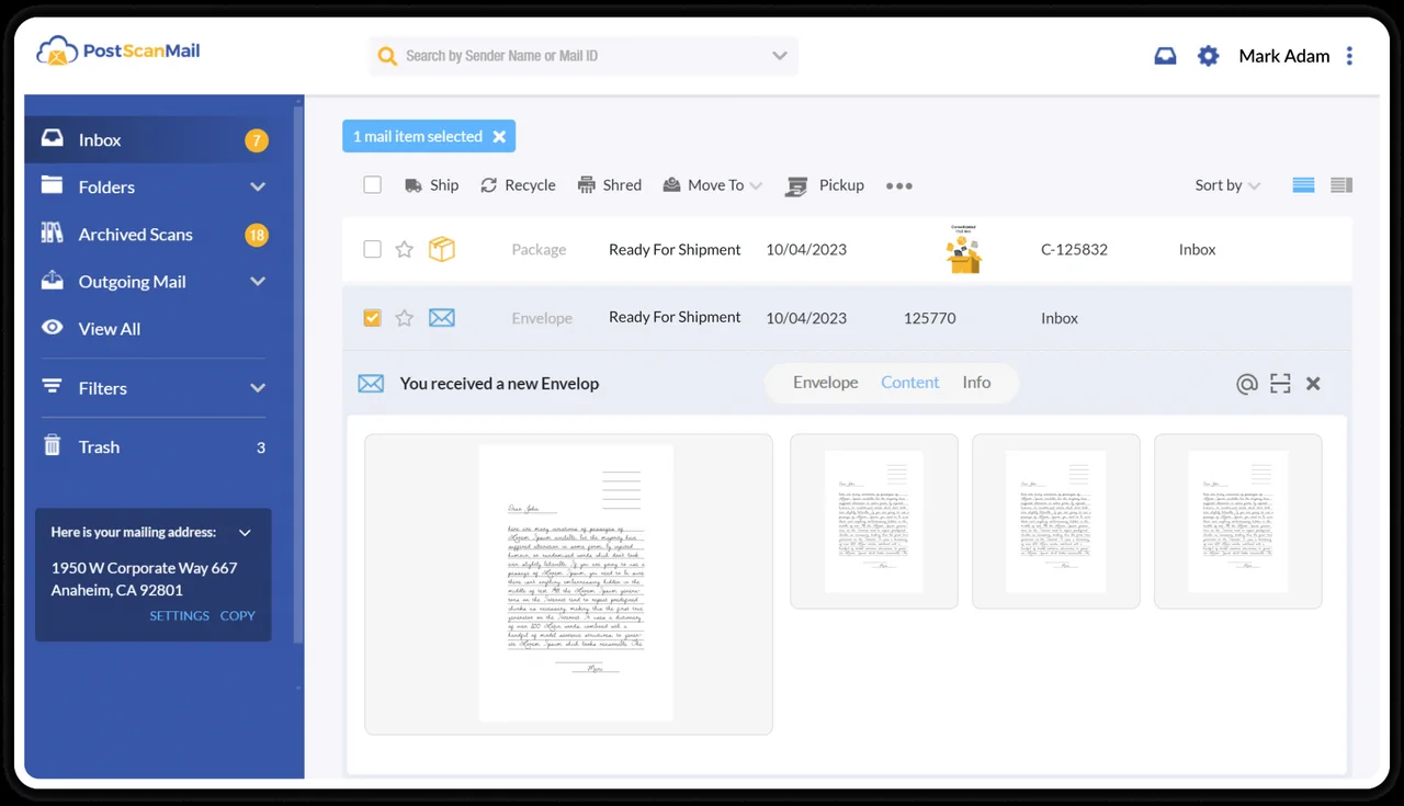 PostScan Mail showing an opened envelope with scanned content pages