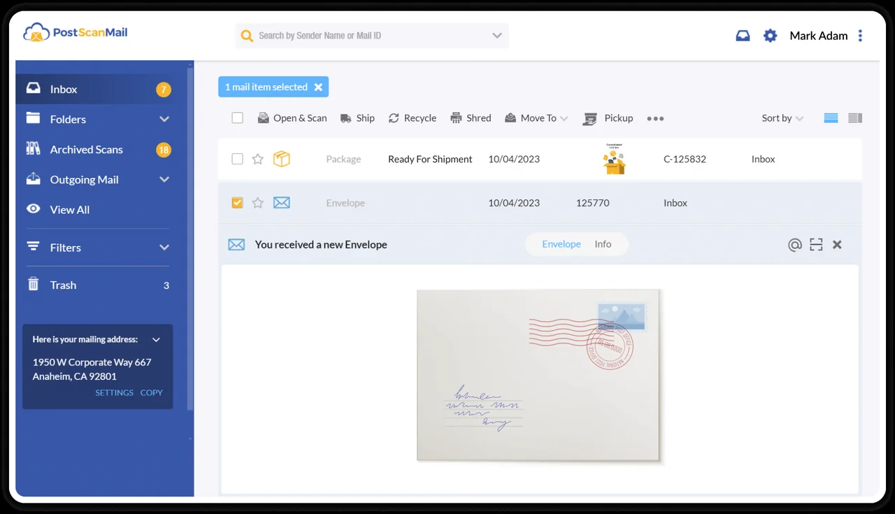 PostScan Mail envelope preview with item actions visible in the account interface