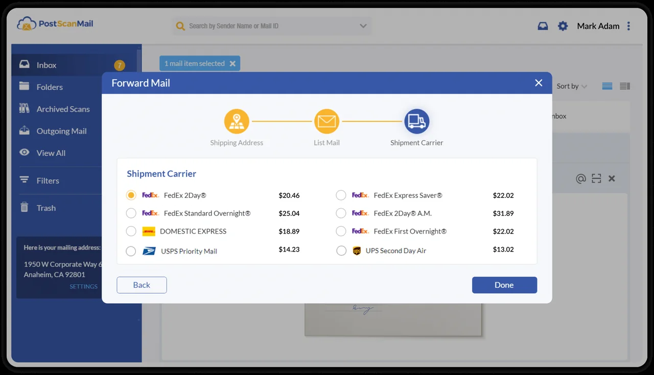 PostScan Mail forwarding screen listing different shipping carrier options and prices