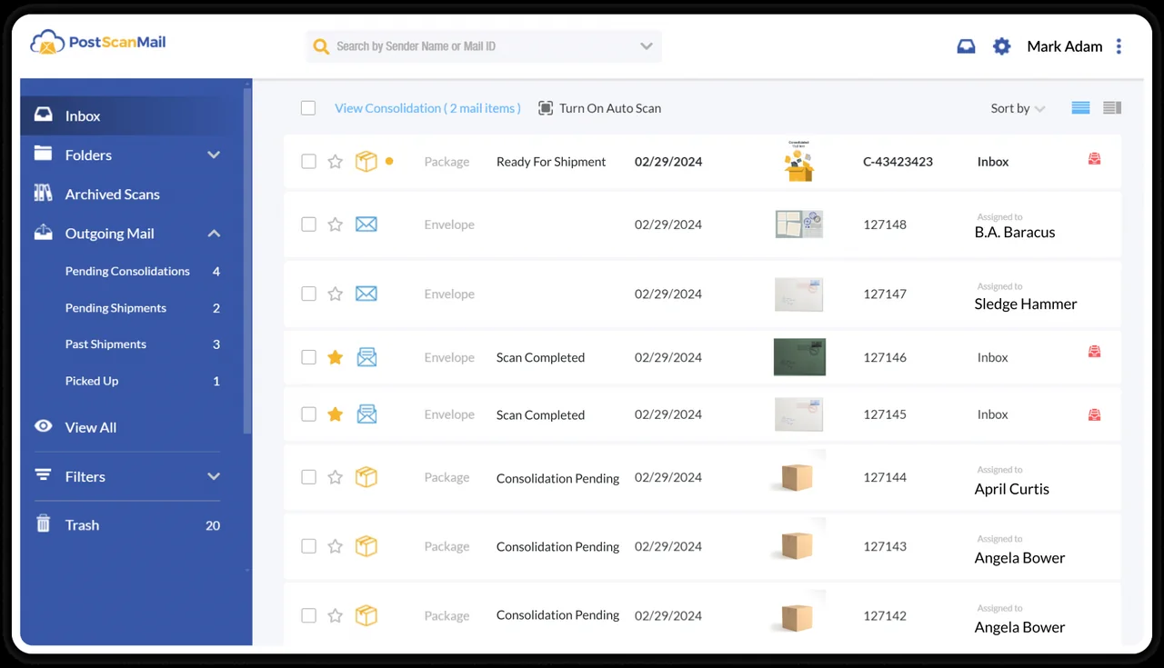 PostScan Mail dashboard showing the inbox, folders and outgoing mail sections