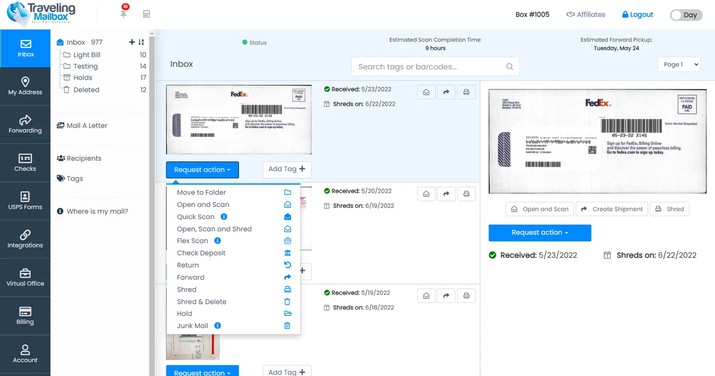 Traveling Mailbox interface showing the inbox, left-side navigation and request-action menu