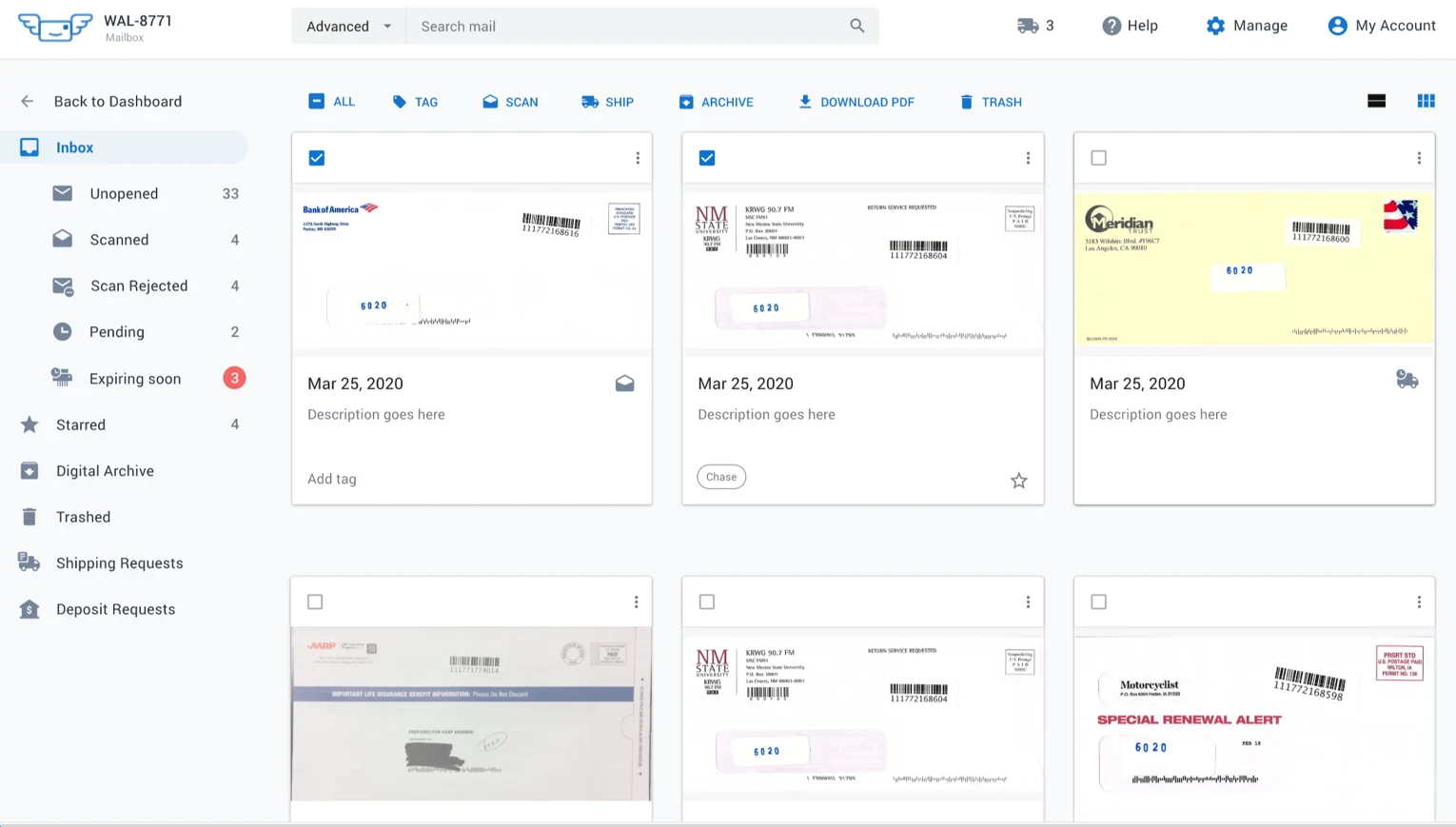VirtualPostMail inbox dashboard showing mailbox categories, scanned mail statuses, shipping requests and deposit requests
